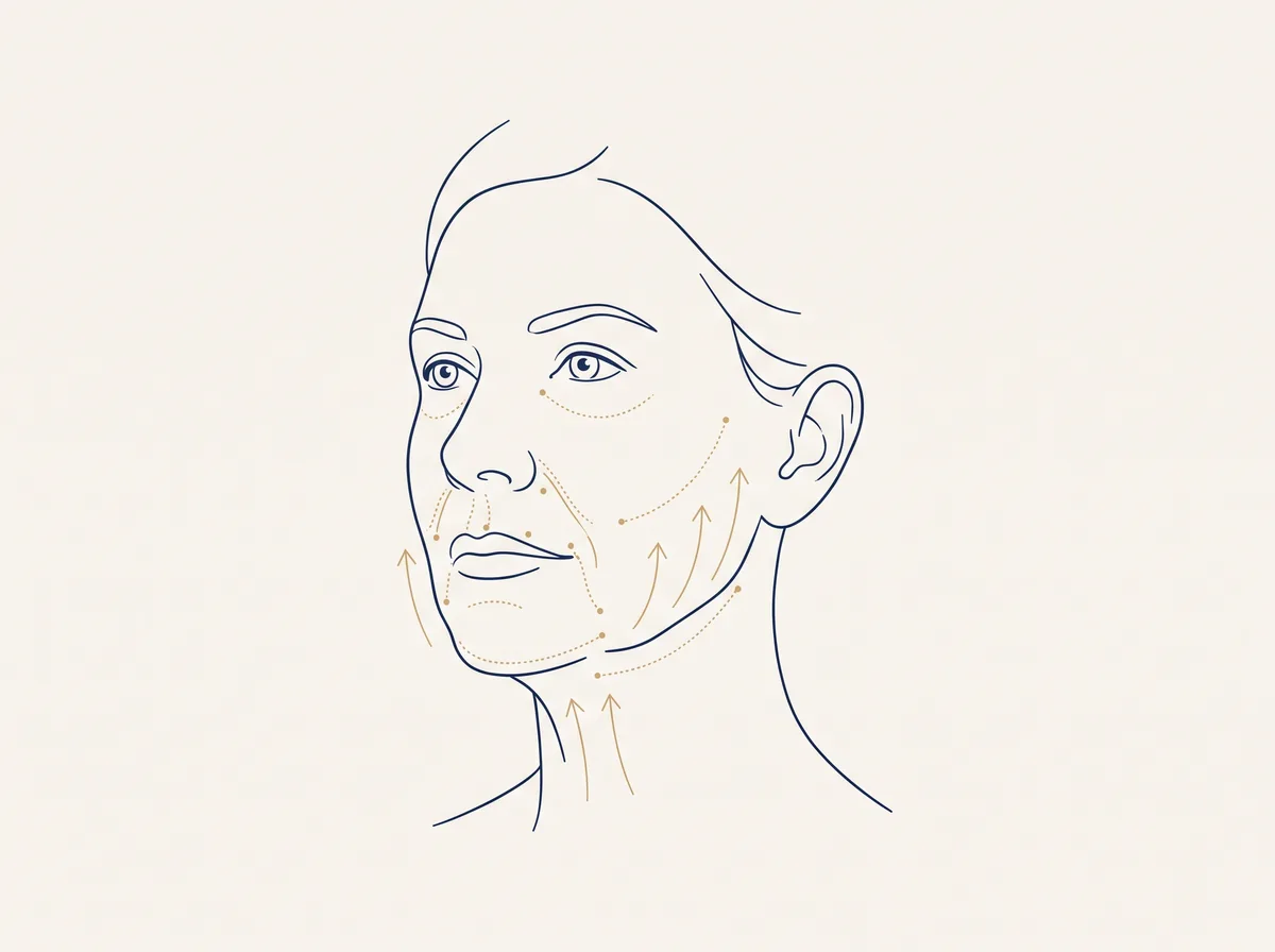 Line illustration of a face showing the areas a mini facelift treats and the direction of the lift along the cheek and jawline