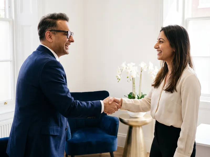 Mr Supriya greeting a happy patient at a follow-up appointment