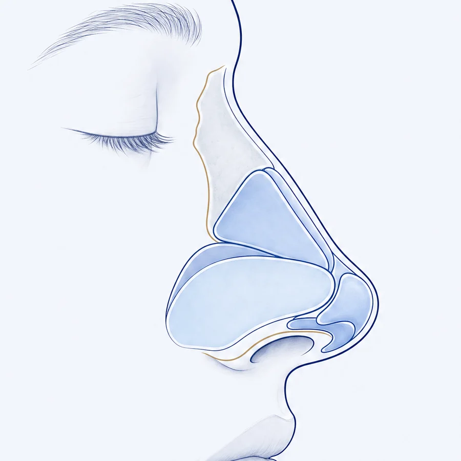 Illustration of the nose in profile showing the nasal bone and cartilage structure