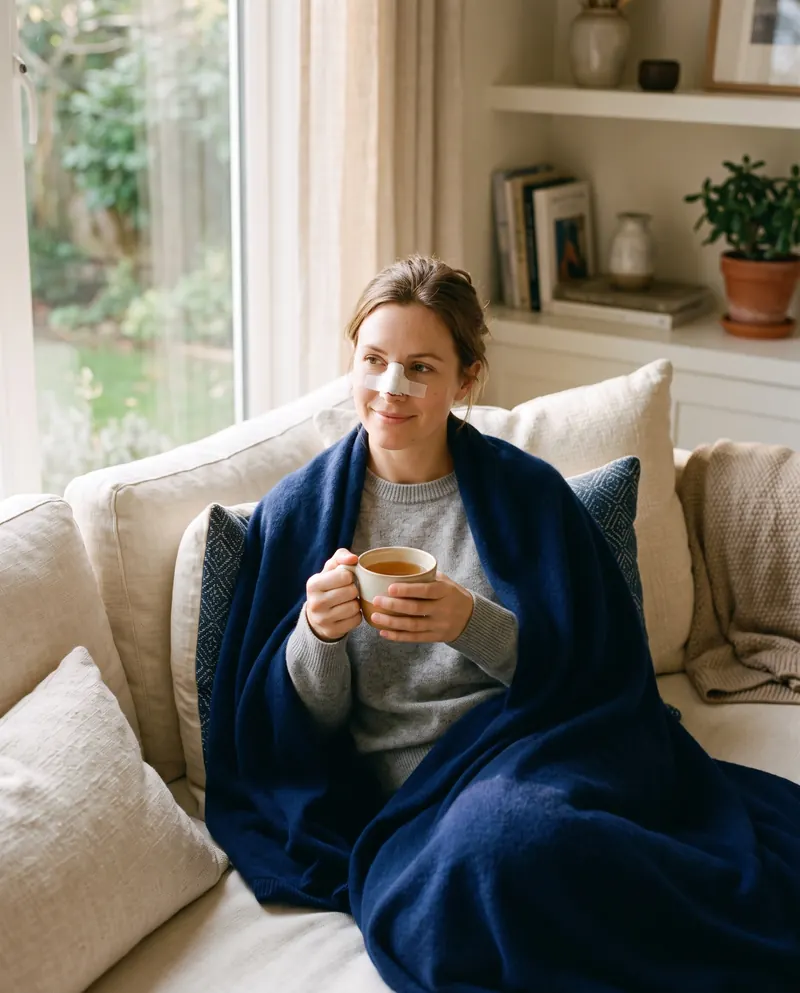 Woman recovering at home with a small nasal splint and a cup of tea